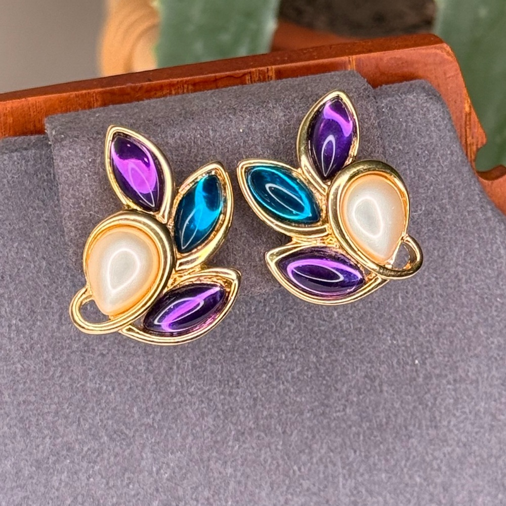Vintage Trifari Clip-On Earrings 80s Gold Tone Faux Pearl Jewel Tone Enamel